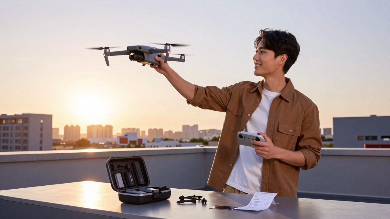 Homem segurando drone prestes a decolar em varanda ao pôr do sol com controle na outra mão.