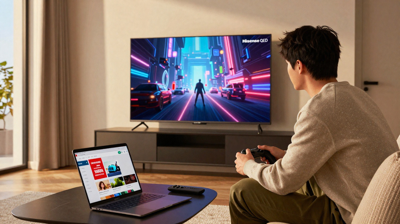 Homem jogando videogame em sala de estar com TV grande e notebook sobre mesa preta.