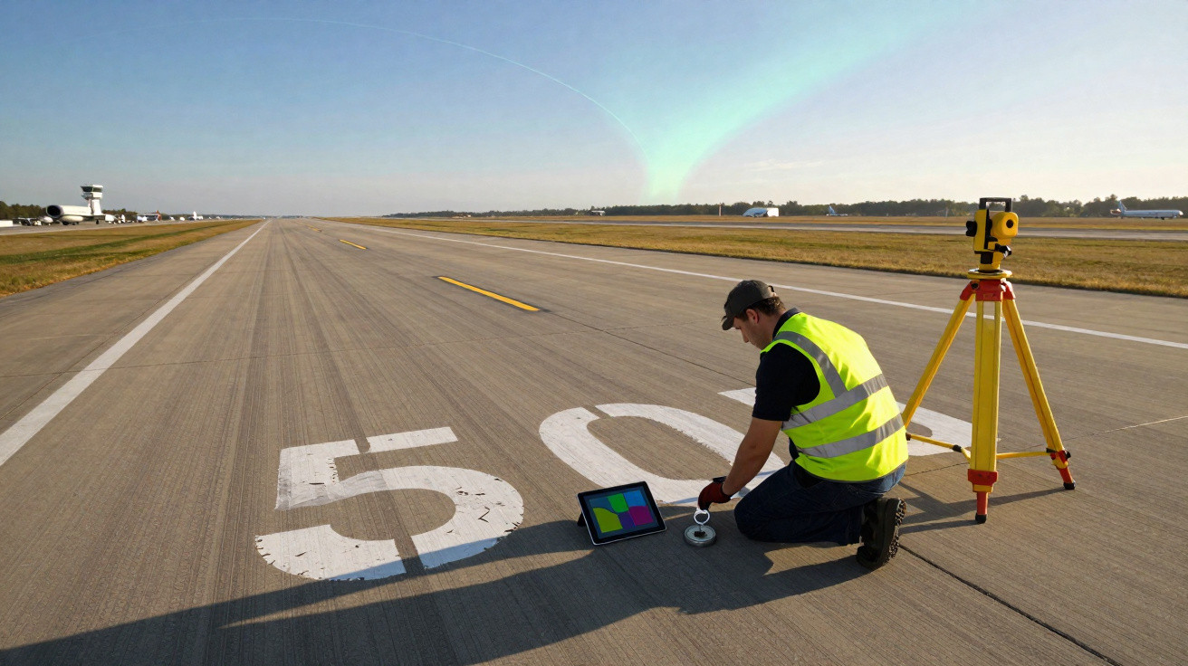 Homem com colete refletivo faz medições na pista de um aeroporto ao lado de equipamento de topografia amarelo.
