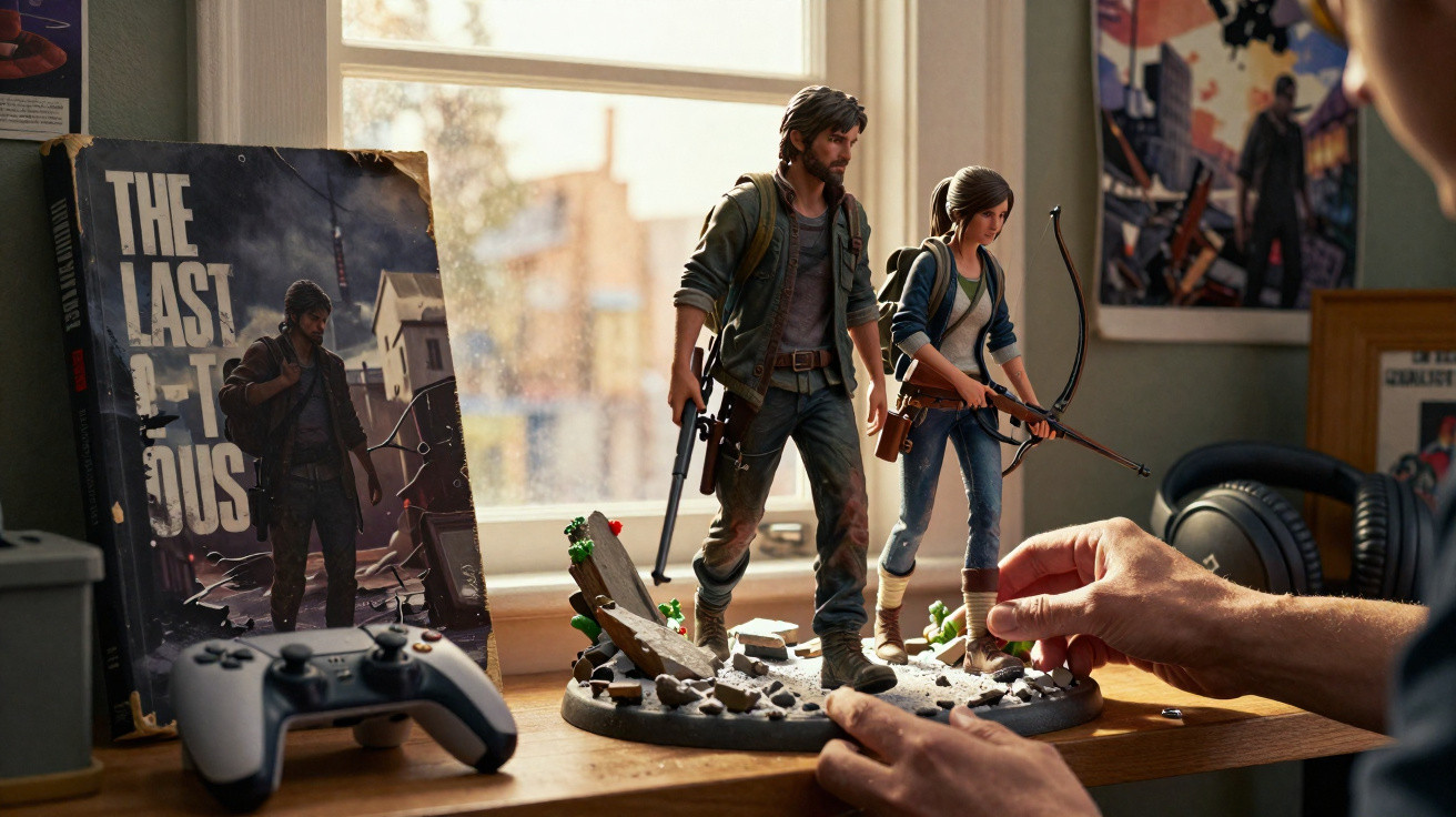 Figura detalhada dos personagens Joel e Ellie do jogo The Last of Us com controle de videogame e caixa ao fundo.