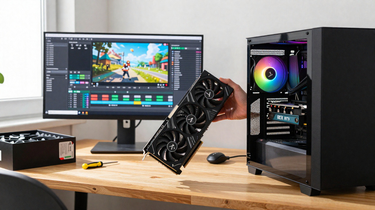 Pessoa segurando placa de vídeo perto de gabinete de computador aberto e monitor com programa de edição na tela.