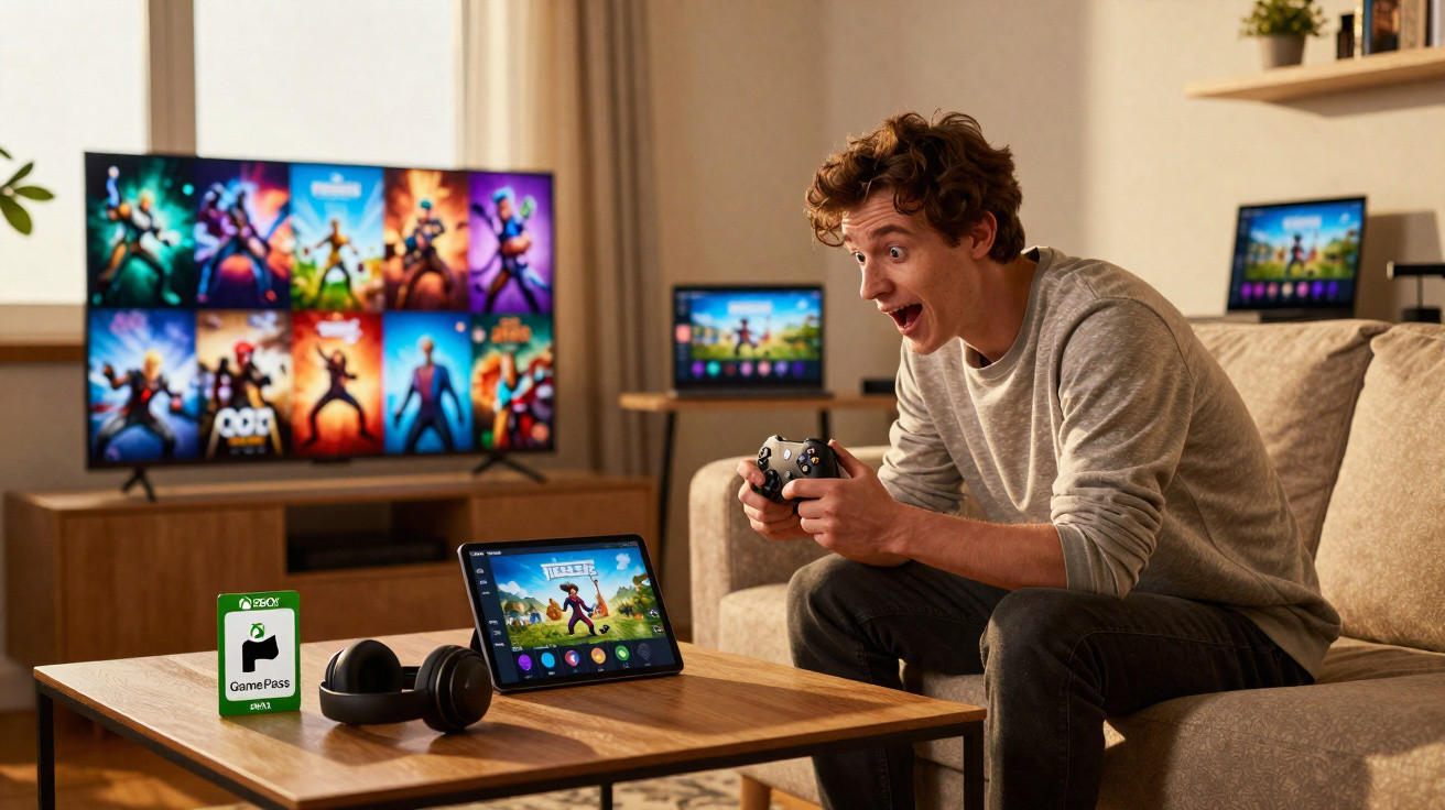Jovem empolgado joga videogame com controle, cercado por múltiplas telas exibindo jogos digitais.