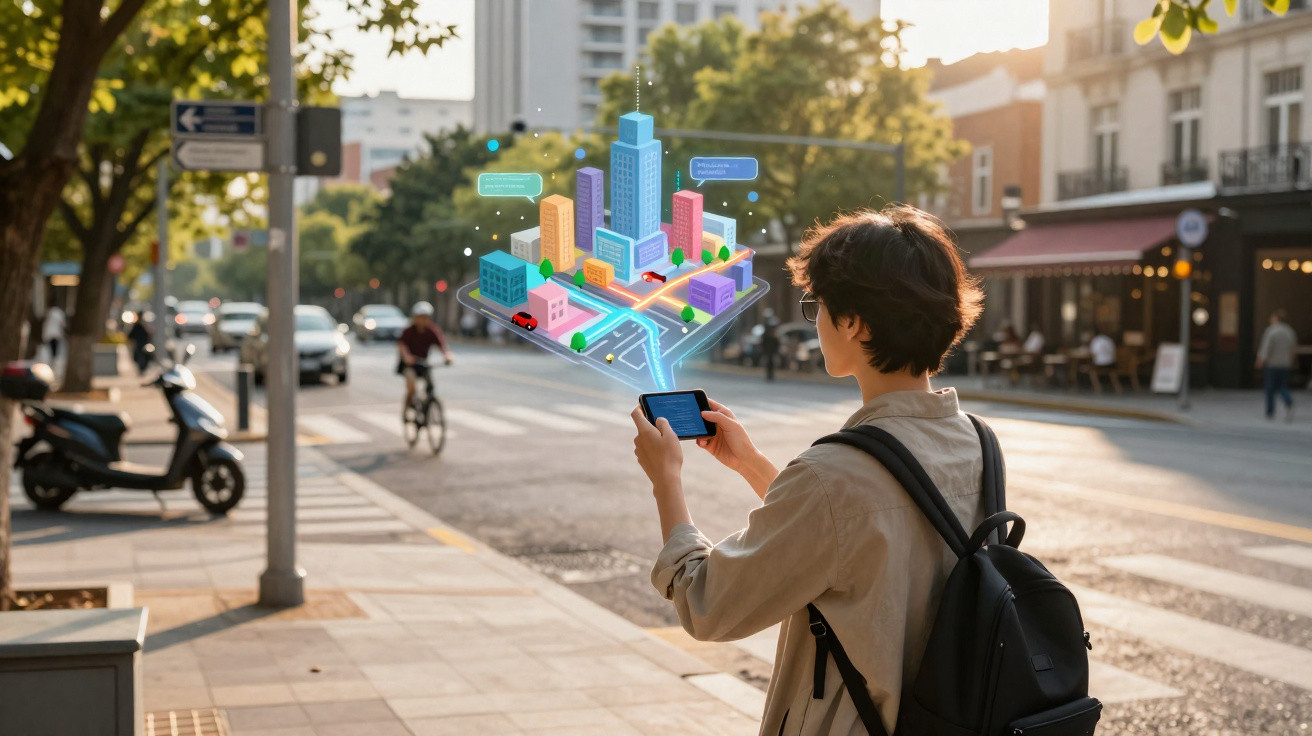 Pessoa usa celular com holograma de cidade futurista em rua urbana movimentada ao entardecer.
