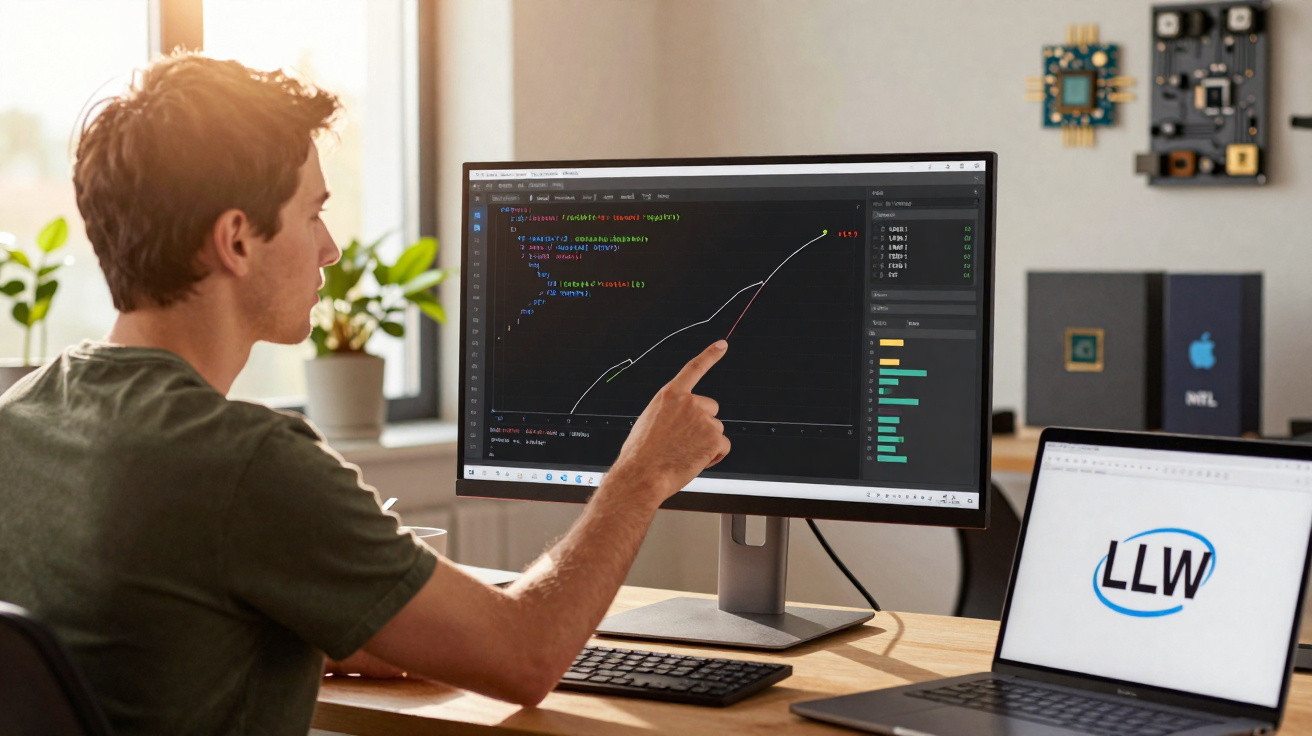 Homem apontando para gráfico em monitor enquanto trabalha com código em ambiente de escritório moderno.