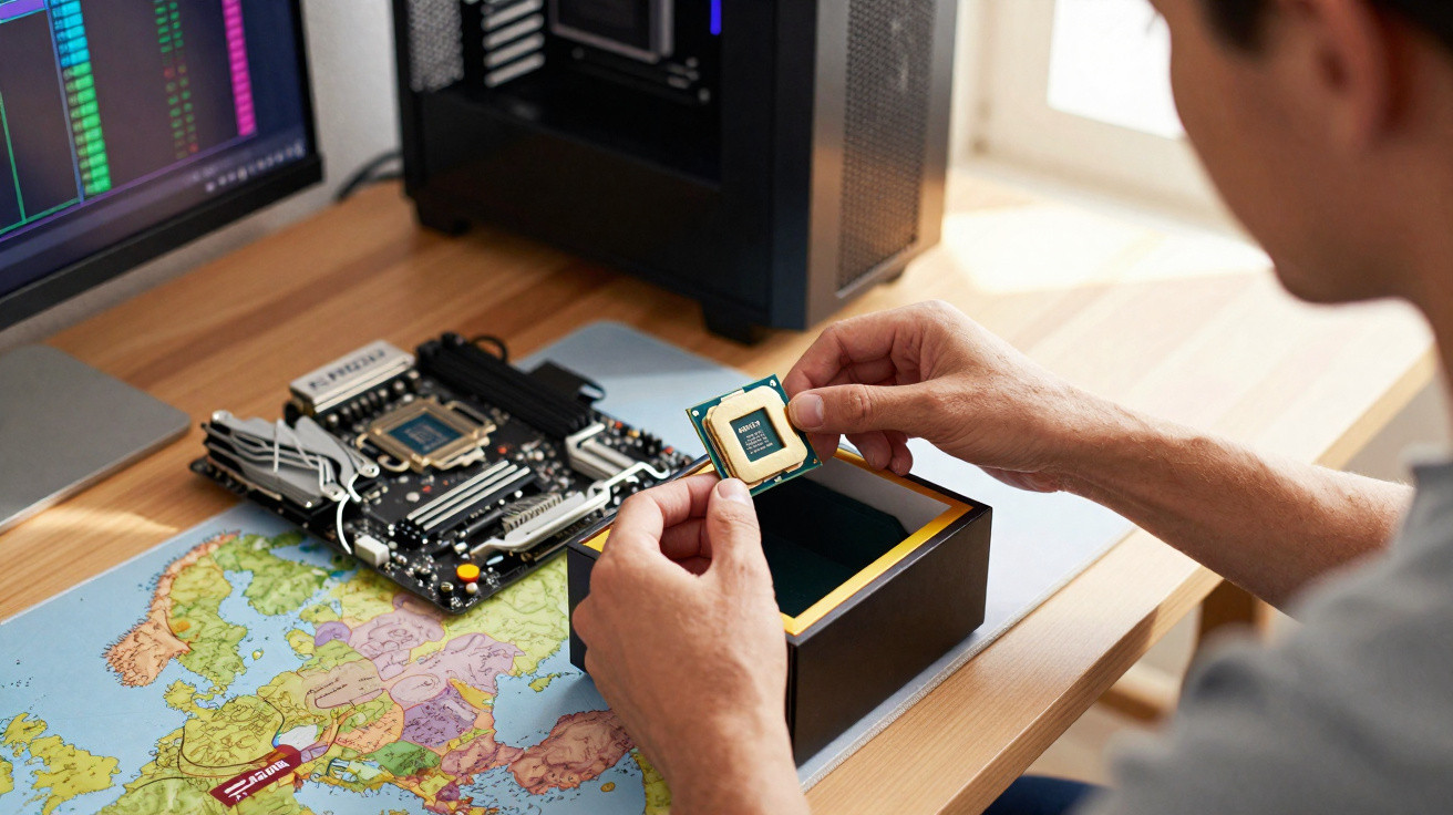 Pessoa segurando um processador próximo a uma placa-mãe sobre uma mesa com mapa e computador.