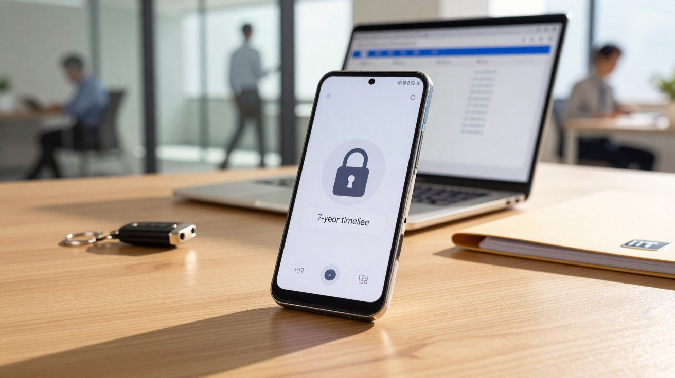 Celular mostrando ícone de cadeado em foco sobre mesa com laptop, chave e pasta no escritório.