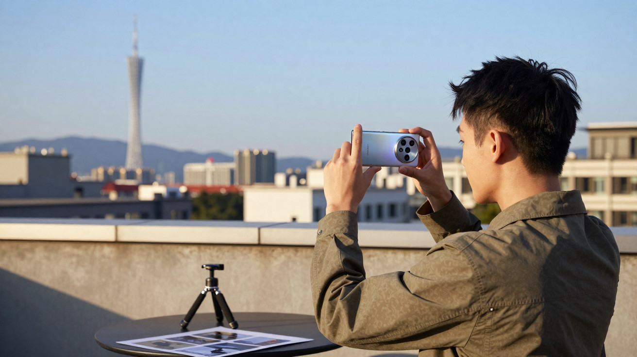 Homem tira foto da paisagem urbana com smartphone em uma varanda ensolarada.