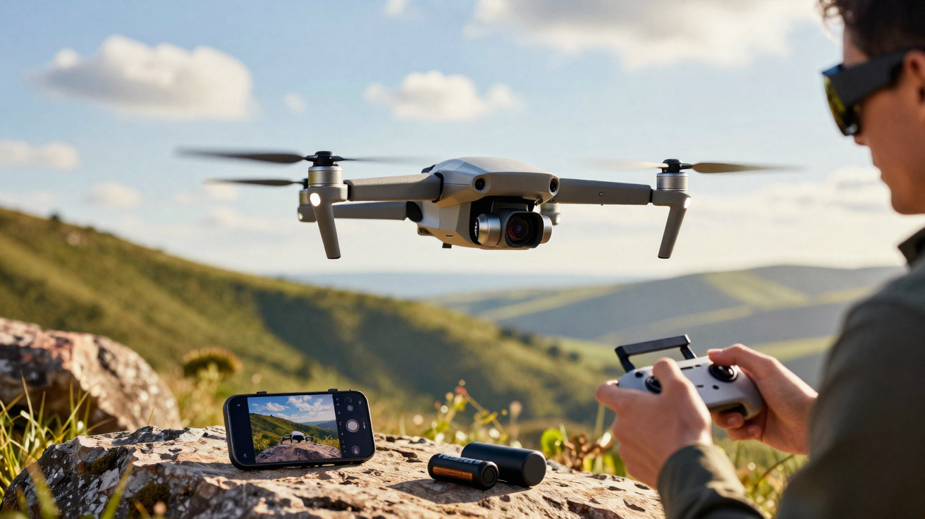 Homem controla drone com controle remoto em área montanhosa ao ar livre durante o dia.
