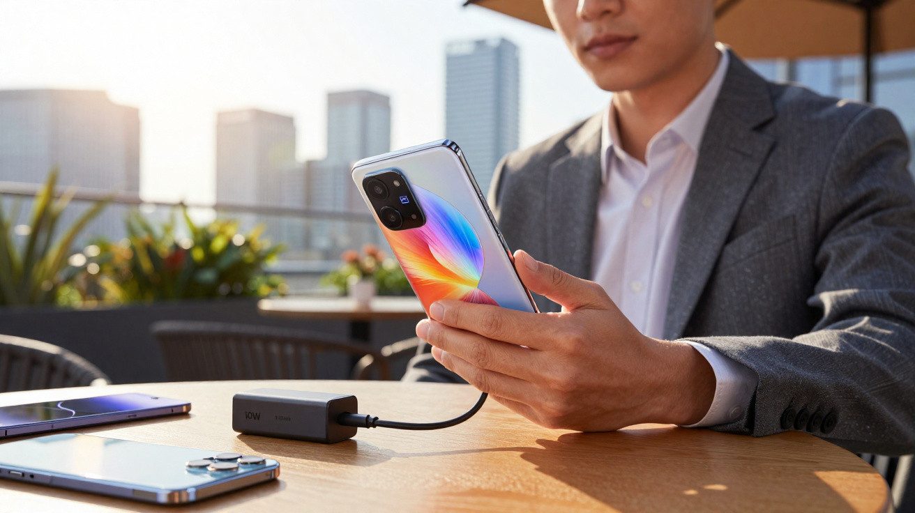 Pessoa com terno usando celular conectado a um carregador portátil em mesa externa com cidade ao fundo.