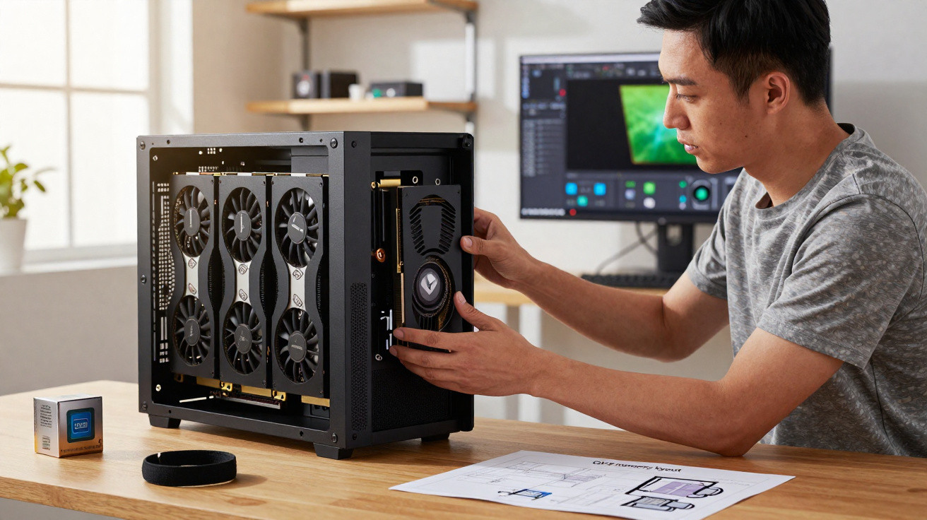 Homem montando computador com várias placas de vídeo em mesa com documentos e monitor ao fundo.