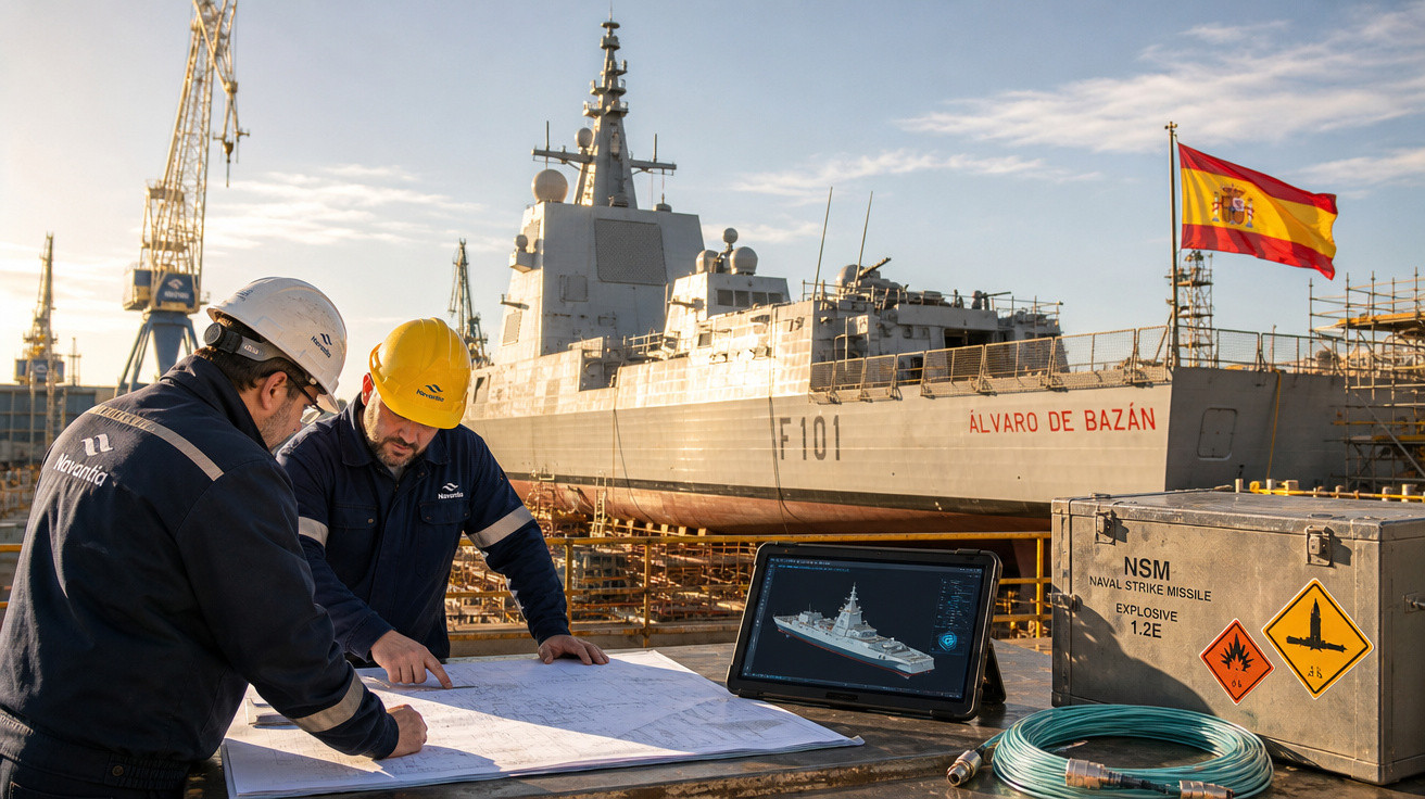 Dois trabalhadores revisam mapas em estaleiro naval com o navio Alvaro de Bazán e bandeira da Espanha ao fundo.