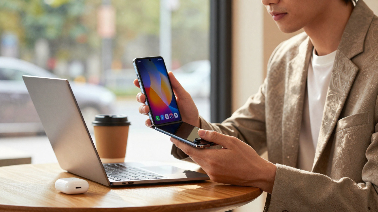 Pessoa usando smartphone dobrável ao lado de notebook, xícara de café e fones em mesa próxima à janela.