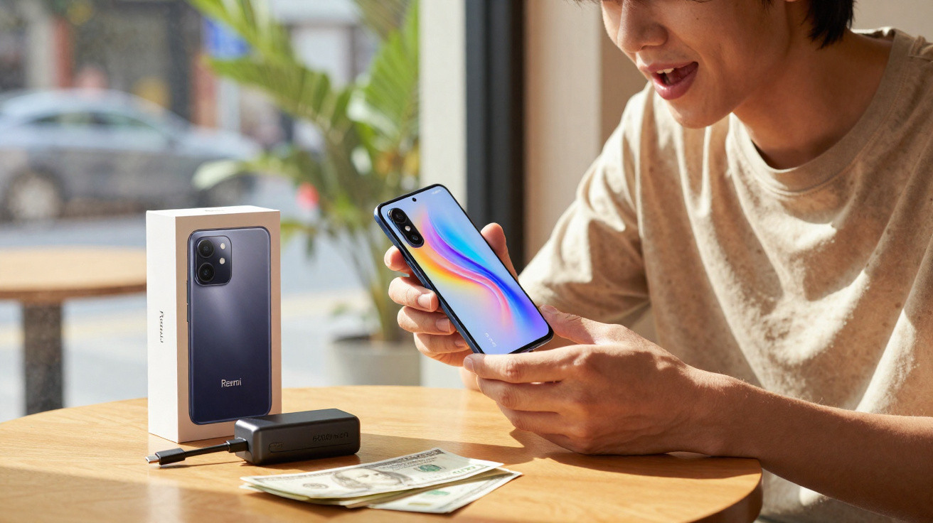 Pessoa segurando celular Xiaomi Redmi Note 11 e caixa, carregador e dinheiro em mesa de madeira.