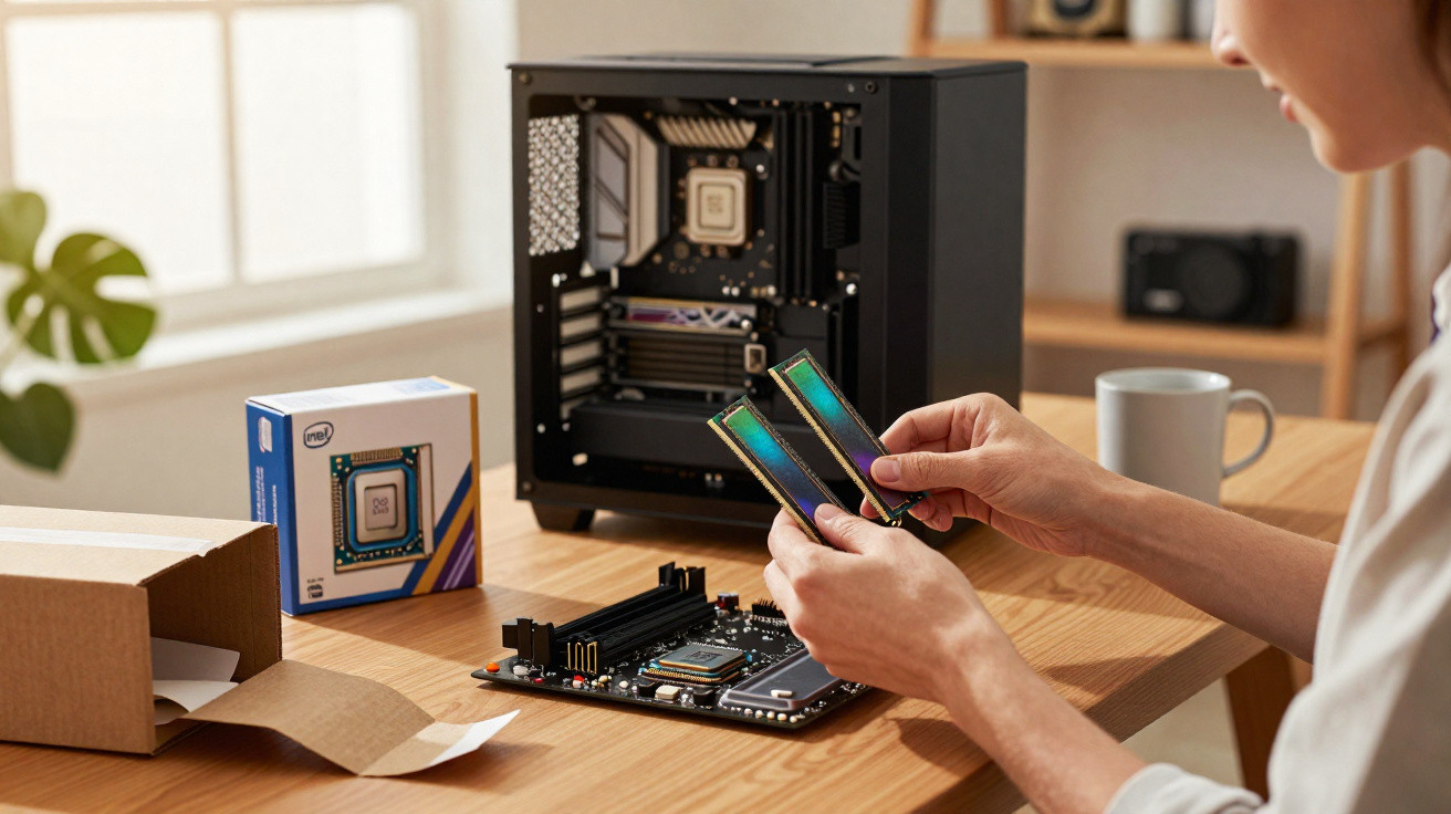 Pessoa instalando memória RAM em placa-mãe com gabinete de computador aberto sobre mesa.