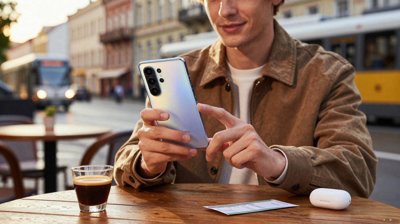 Homem sentado em café ao ar livre usando celular, com café, bilhete e fones de ouvido na mesa.