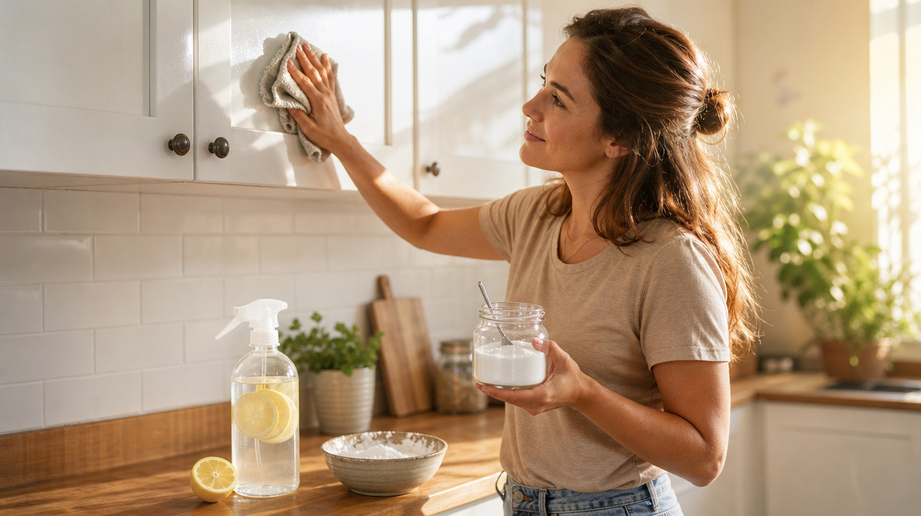 Mulher limpando armário da cozinha com pano, segurando pote branco e spray de limpeza caseiro.
