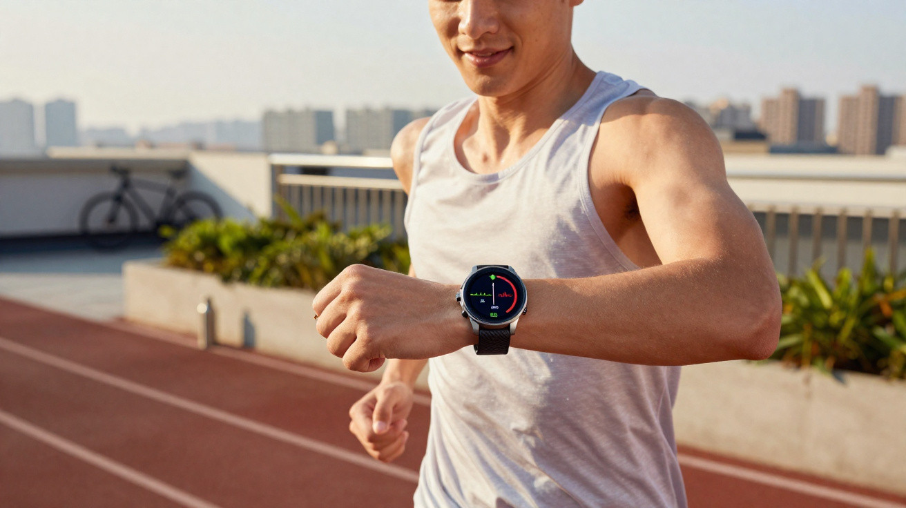 Homem correndo em pista ao ar livre olhando para relógio smartwatch no pulso.