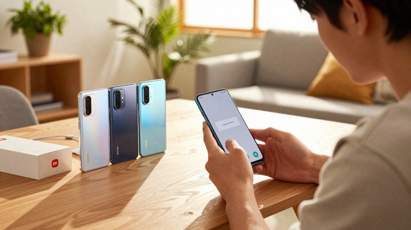 Pessoa segurando smartphone com três celulares Xiaomi sobre mesa de madeira em ambiente iluminado.