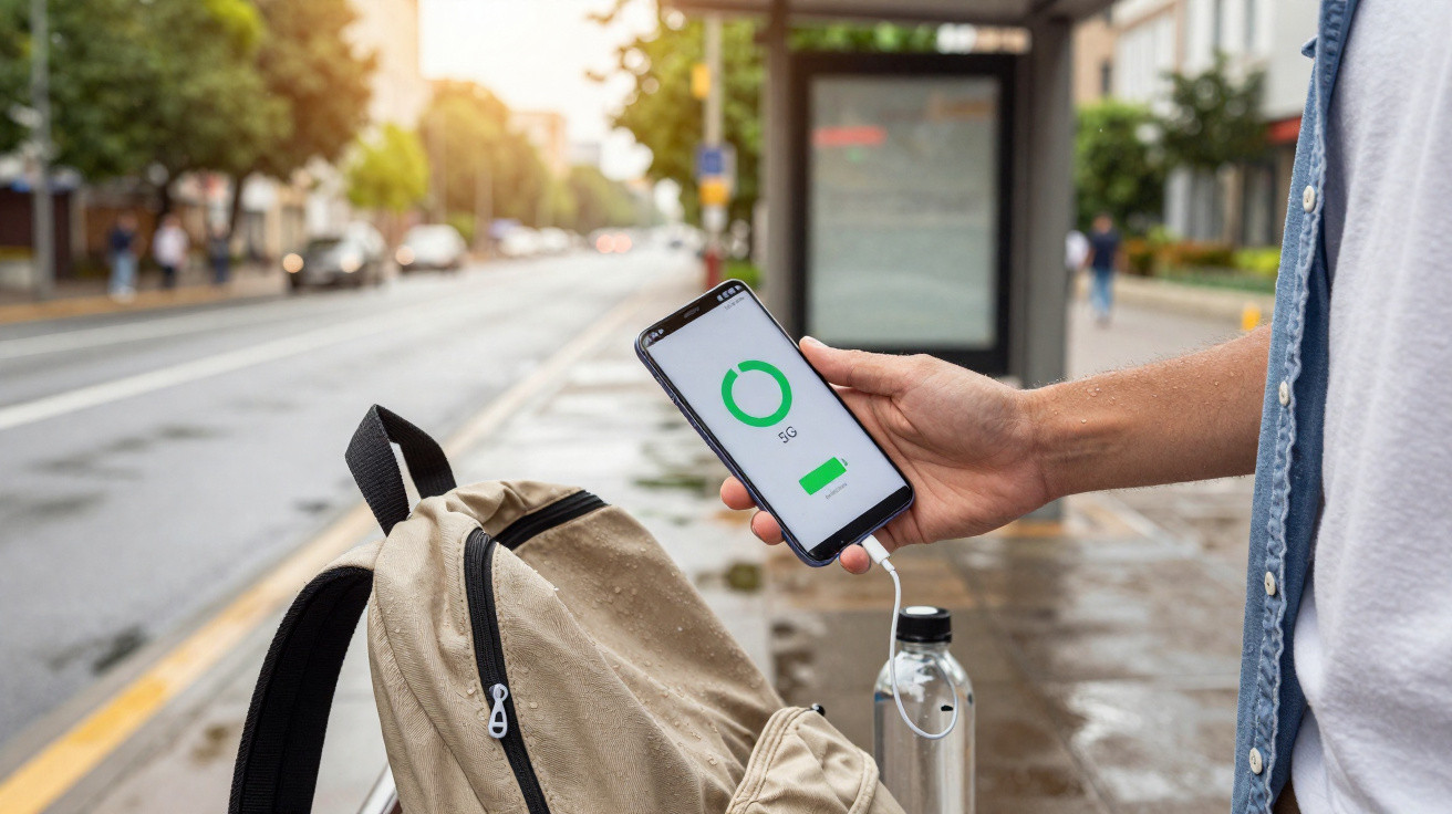 Pessoa segurando celular com carregamento 5G, ao lado de mochila e garrafa transparente na calçada.