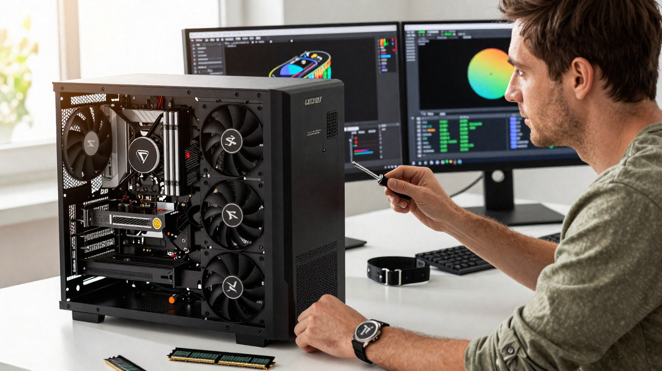 Homem ajusta componentes internos de um computador desktop aberto em mesa com dois monitores.