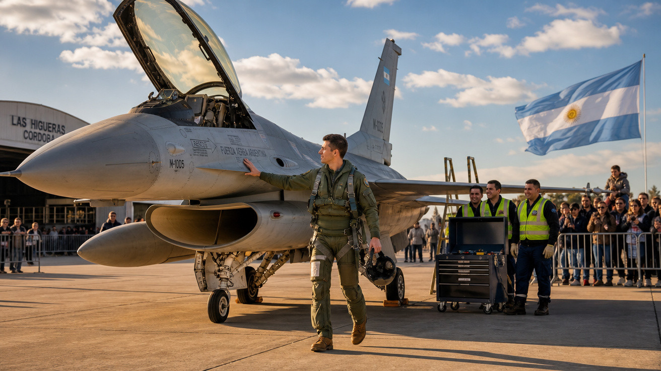 Piloto em uniforme militar ao lado de caça argentino com multidão e bandeira da Argentina ao fundo.