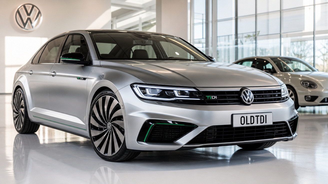 Carro Volkswagen prata modelo sedan exposto em showroom moderno com piso refletivo.