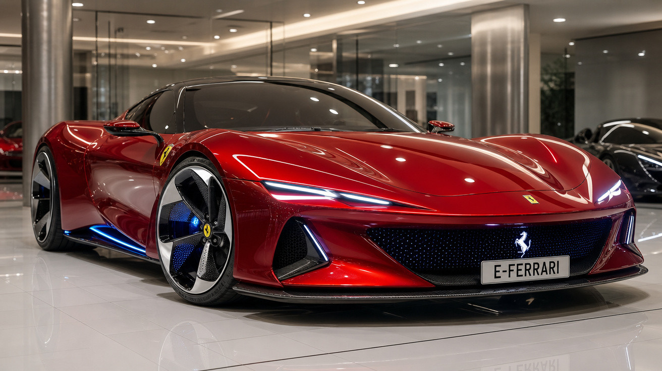 Carro esportivo vermelho Ferrari elétrico em showroom com design aerodinâmico e rodas modernas.
