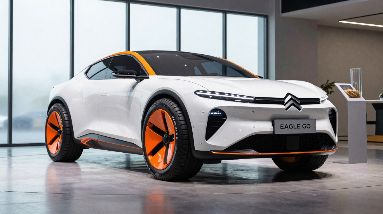 Carro conceito Citroën Eagle Go branco com detalhes em laranja exposto em ambiente moderno e iluminado.