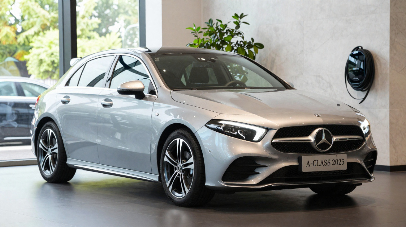 Carro prata Mercedes-Benz A-Class 2025 estacionado em ambiente interno moderno com parede cinza e planta.