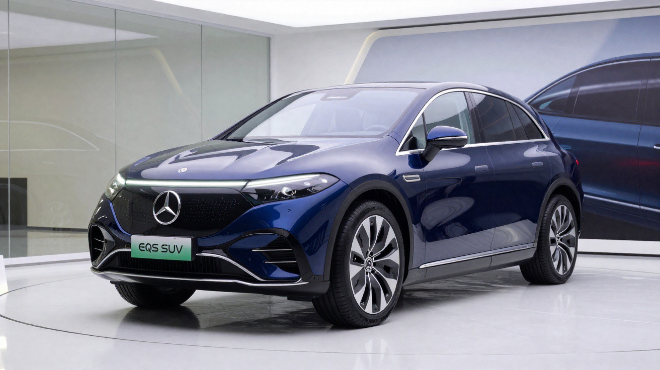 Carro SUV Mercedes-Benz EQS azul exibido em ambiente interno moderno e claro.