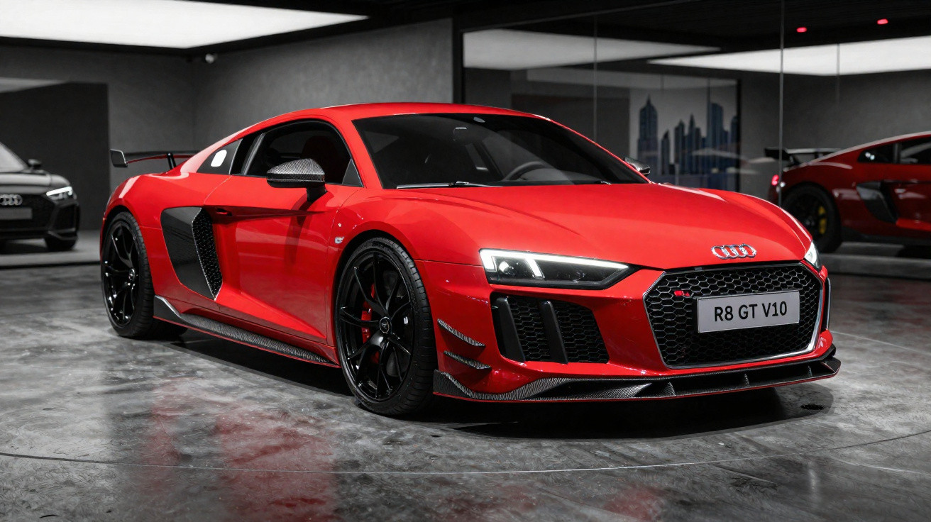 Carro esportivo Audi R8 GT V10 vermelho em garagem com piso de concreto e reflexos no chão.