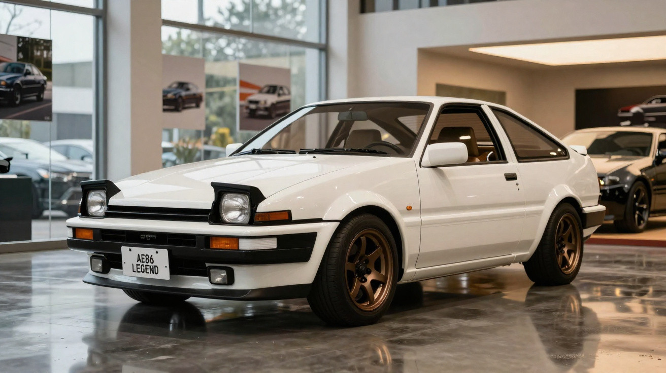 Carro esportivo branco vintage Toyota AE86 com faróis retráteis exibido em showroom moderno.
