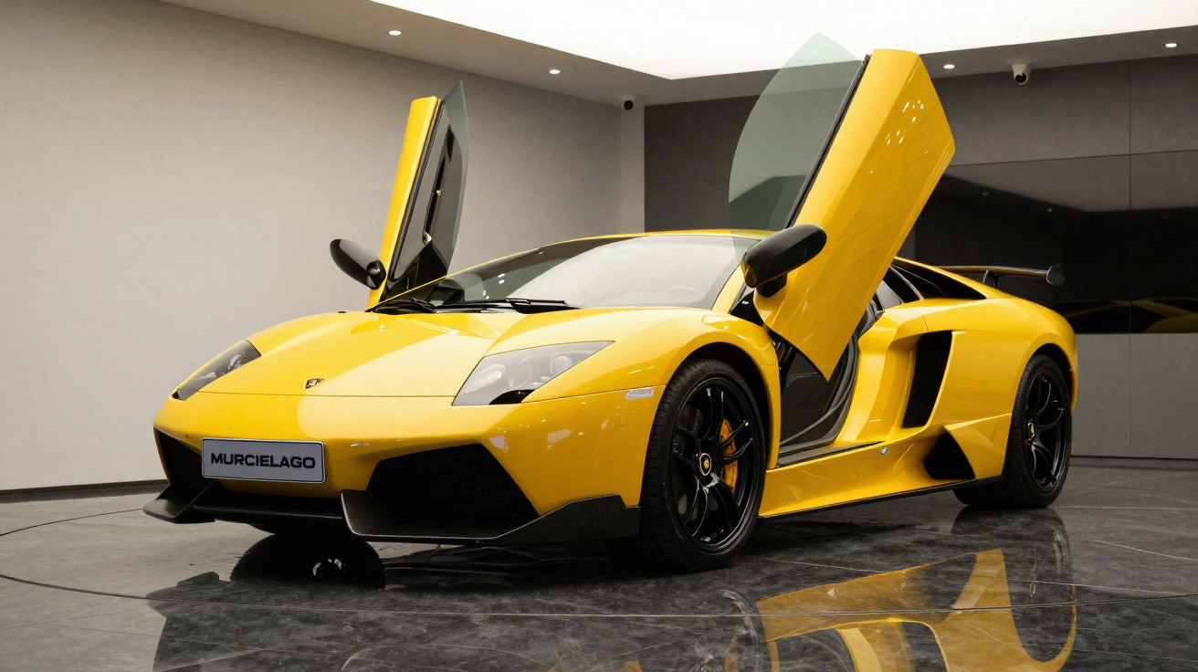 Carro esportivo amarelo Lamborghini Murciélago com portas verticais abertas em ambiente interno.