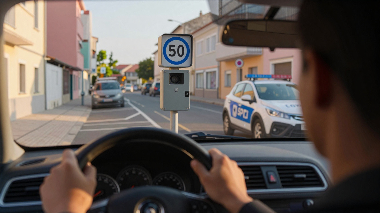 Motorista observa radar de velocidade e placa indicando limite de 50 km/h em rua urbana com viatura policial ao lado.