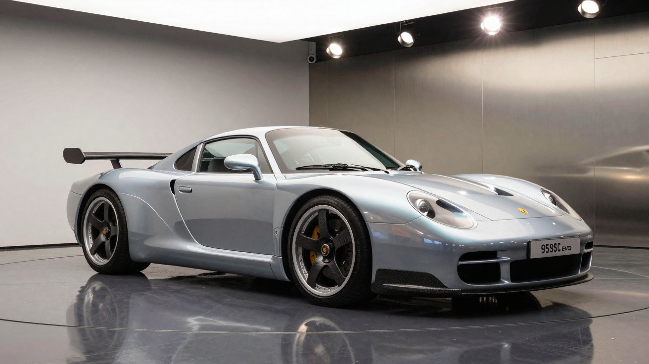 Carro esportivo prata com aerofólio traseiro, rodas pretas e detalhes amarelos, em ambiente interno iluminado.