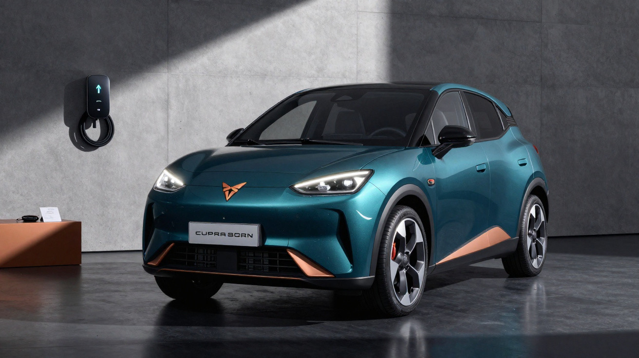 Carro elétrico Cupra Born azul estacionado ao lado de parede cinza com carregador elétrico.