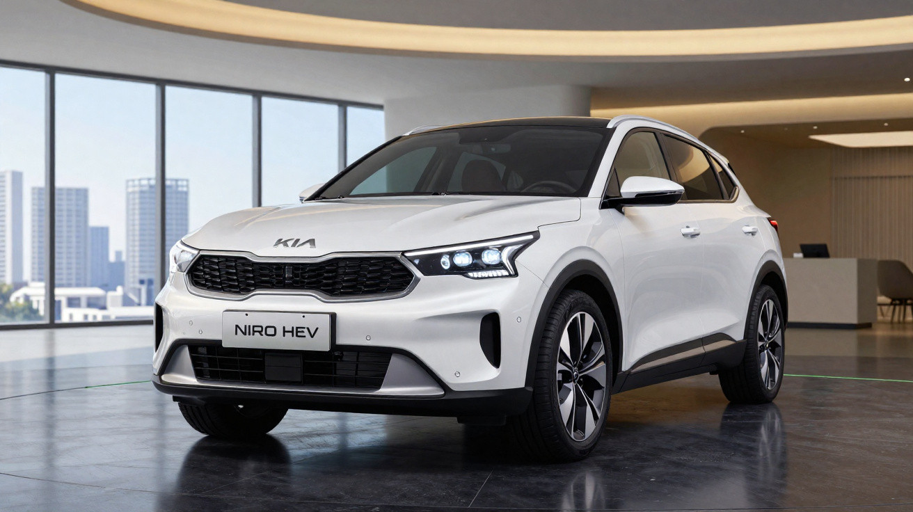SUV branco Kia Niro HEV em showroom moderno com janelas panorâmicas e iluminação quente.
