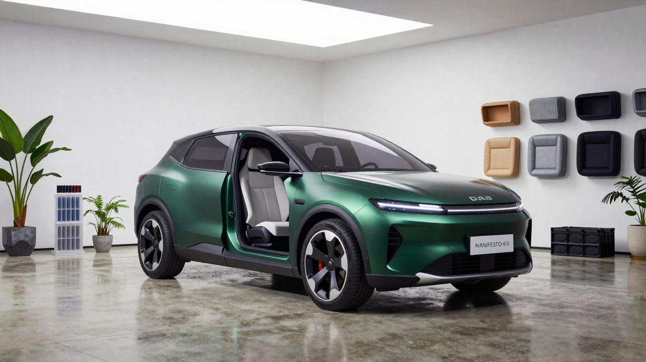 Carro elétrico verde fosco com porta aberta em ambiente interno moderno e minimalista.