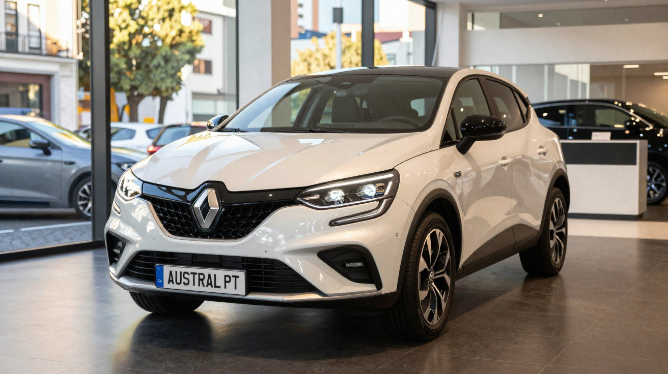 Carro Renault branco modelo Austral exposto dentro de concessionária com iluminação natural e artificial.