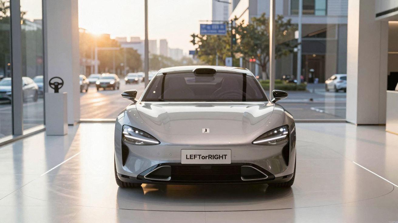 Carro elétrico prata em exposição dentro de showroom moderno com luz natural ao fundo.