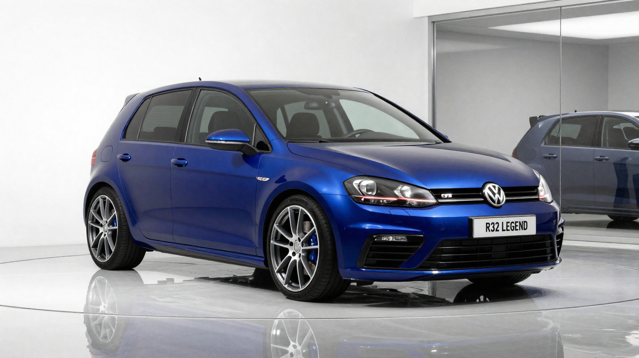 Carro Volkswagen Golf R32 azul em estúdio com fundo branco e espelho refletindo a lateral do veículo.