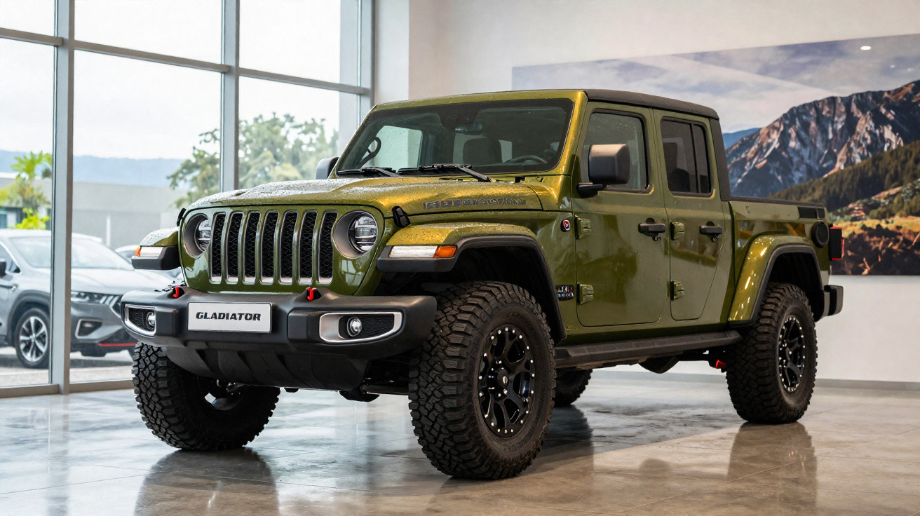 Jeep Gladiator verde militar estacionado em showroom com piso refletivo e parede com quadro de montanhas.