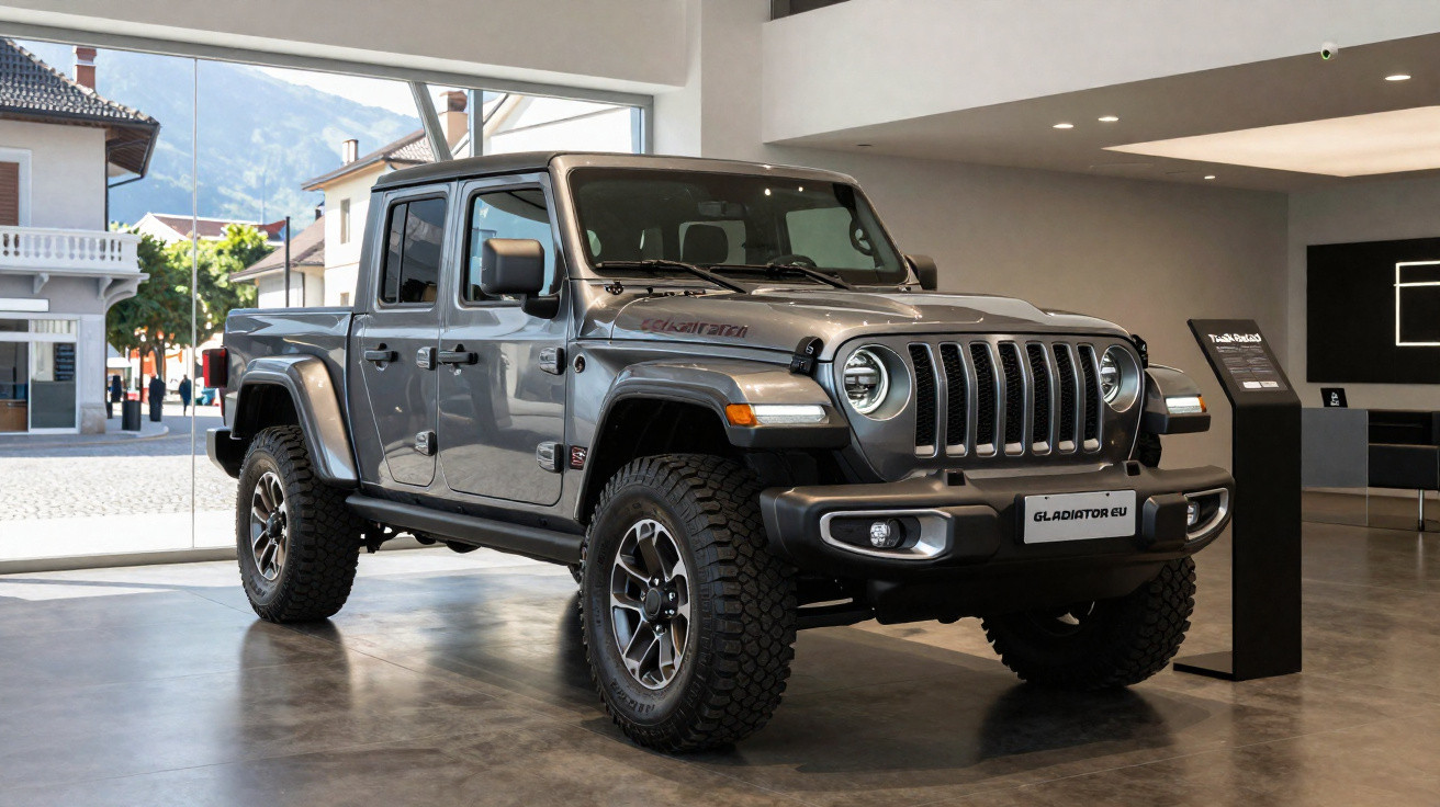 Picape Jeep Gladiator 2023 cinza exposta em showroom com pneus robustos e iluminação natural.