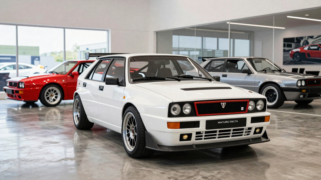 Carros esportivos clássicos Lancia Delta integrale Parked em piso de concreto de exposição interna.