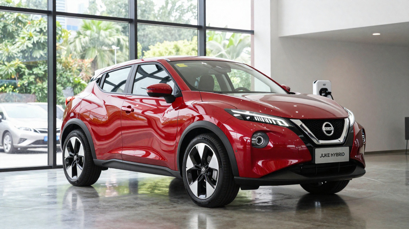 Carro SUV compacto vermelho Nissan Juke Hybrid estacionado em ambiente interno iluminado e moderno.