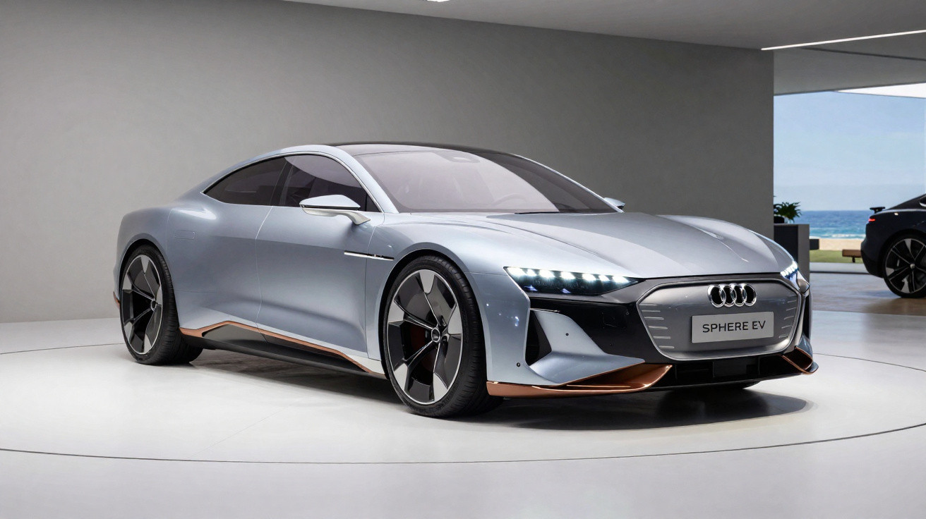 Carro esportivo elétrico Audi Sphere EV prata em exposição com design futurista e detalhes em cobre.
