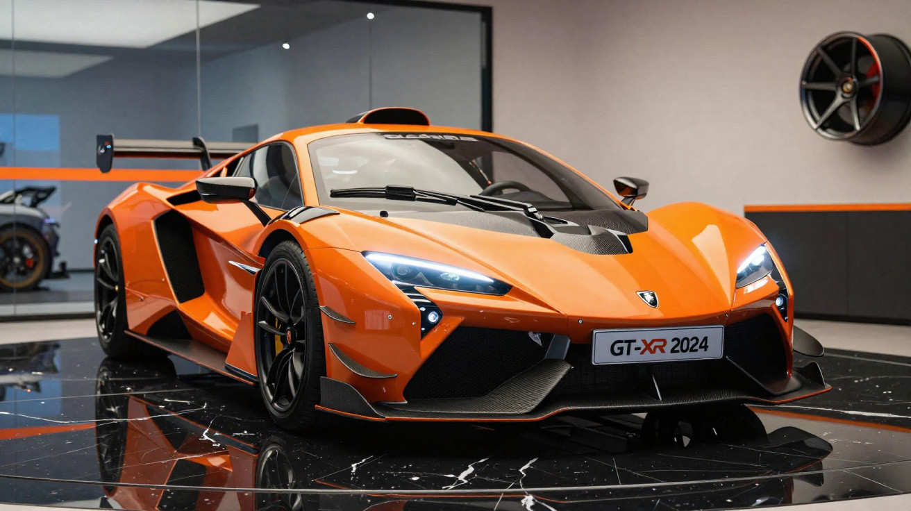 Carro esportivo laranja GT-XR 2024 com design aerodinâmico em piso preto brilhante dentro de showroom.