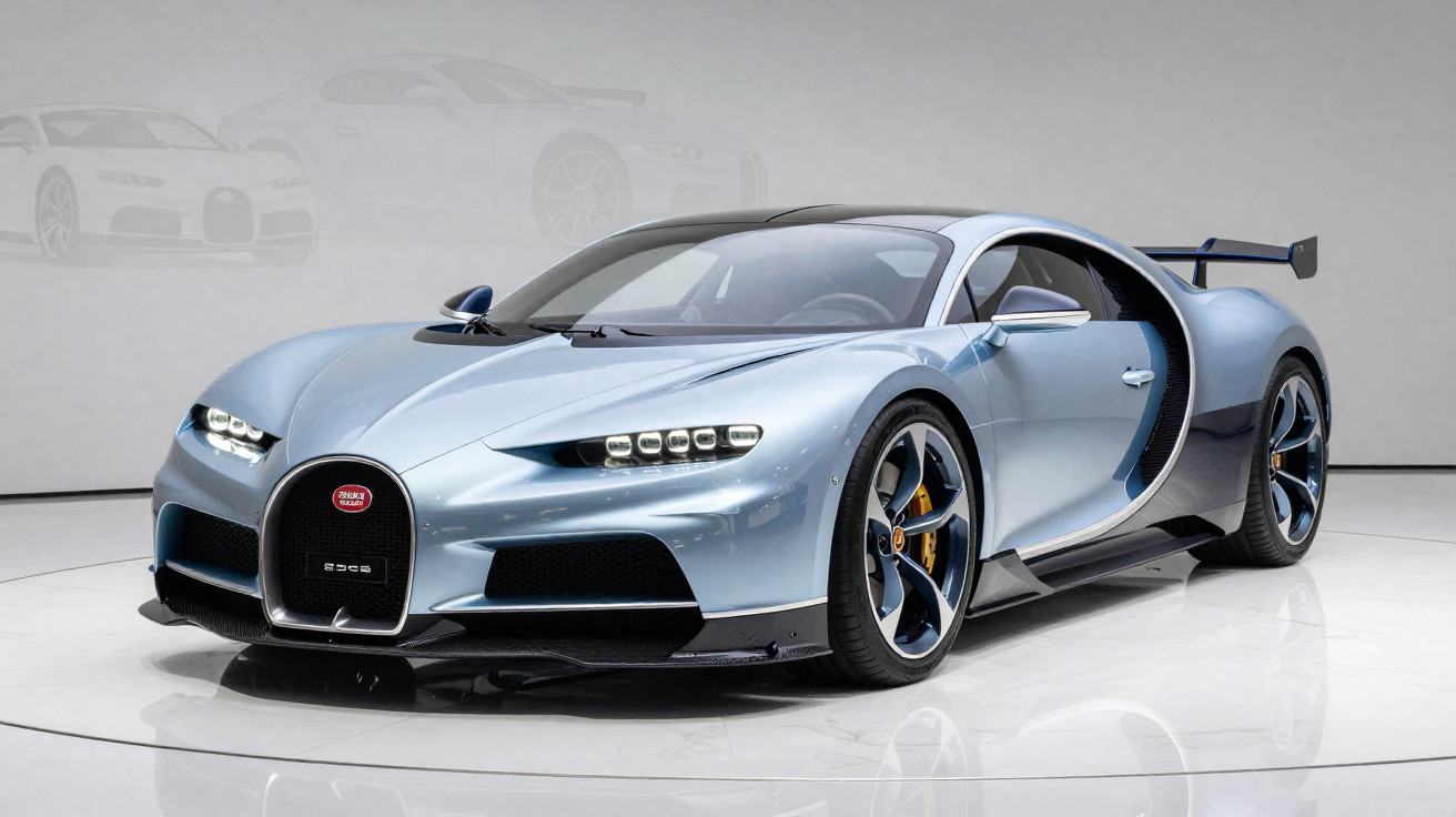 Carro esportivo Bugatti Chiron azul prateado em estúdio com rodas esportivas e aerofólio traseiro.
