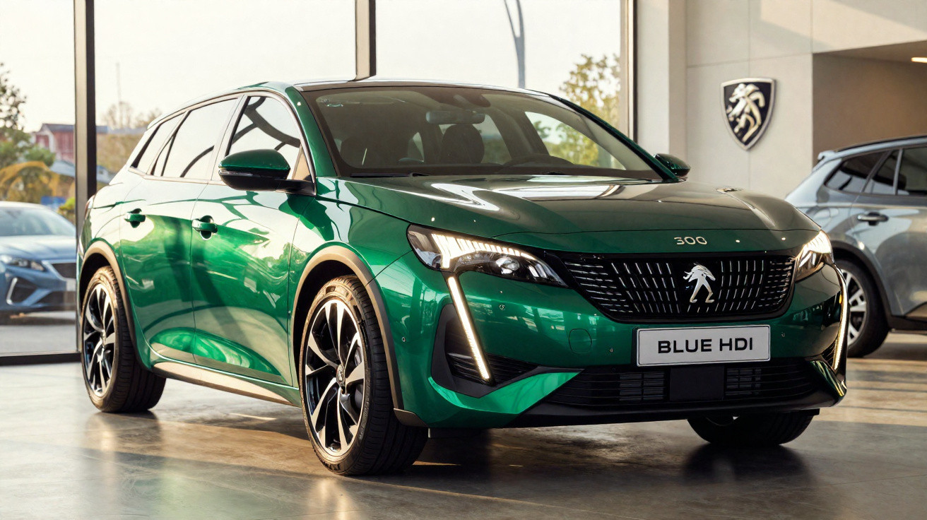 Carro Peugeot 300 verde metálico estacionado em showroom iluminado por luz natural.