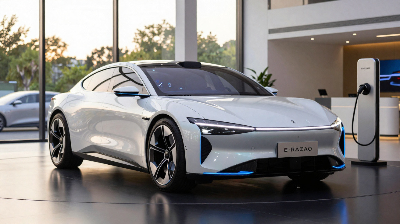Carro elétrico branco elegante, modelo E-Razao, estacionado em showroom moderno com estação de recarga.